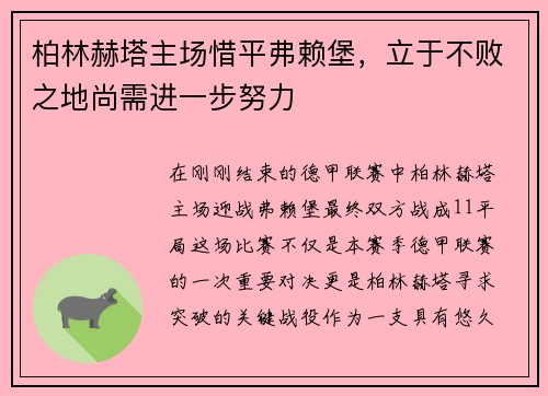 柏林赫塔主场惜平弗赖堡，立于不败之地尚需进一步努力