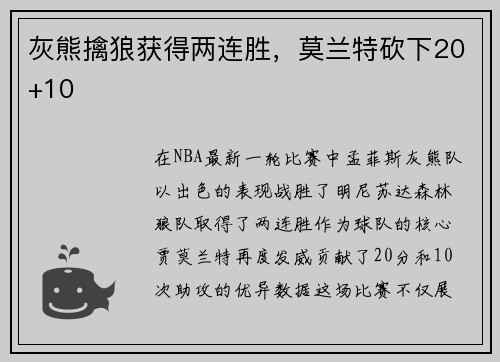 灰熊擒狼获得两连胜，莫兰特砍下20+10